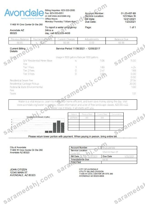 USA Arizona The City of Avondale Water utility bill template in Word and PDF format